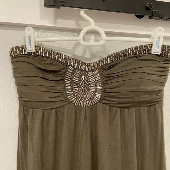 Ya Los Angeles Olive Green Hi-Low Embellished Maxi Dress Sz M - Picture 4 of 6